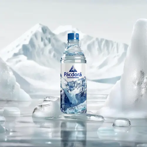 Eine Wasserflasche vor schneebedeckten Bergen