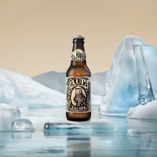 Eine Bierflasche vor einem Gletscher