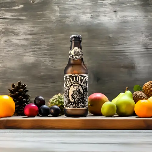 Eine Bierflasche umgeben von Obst